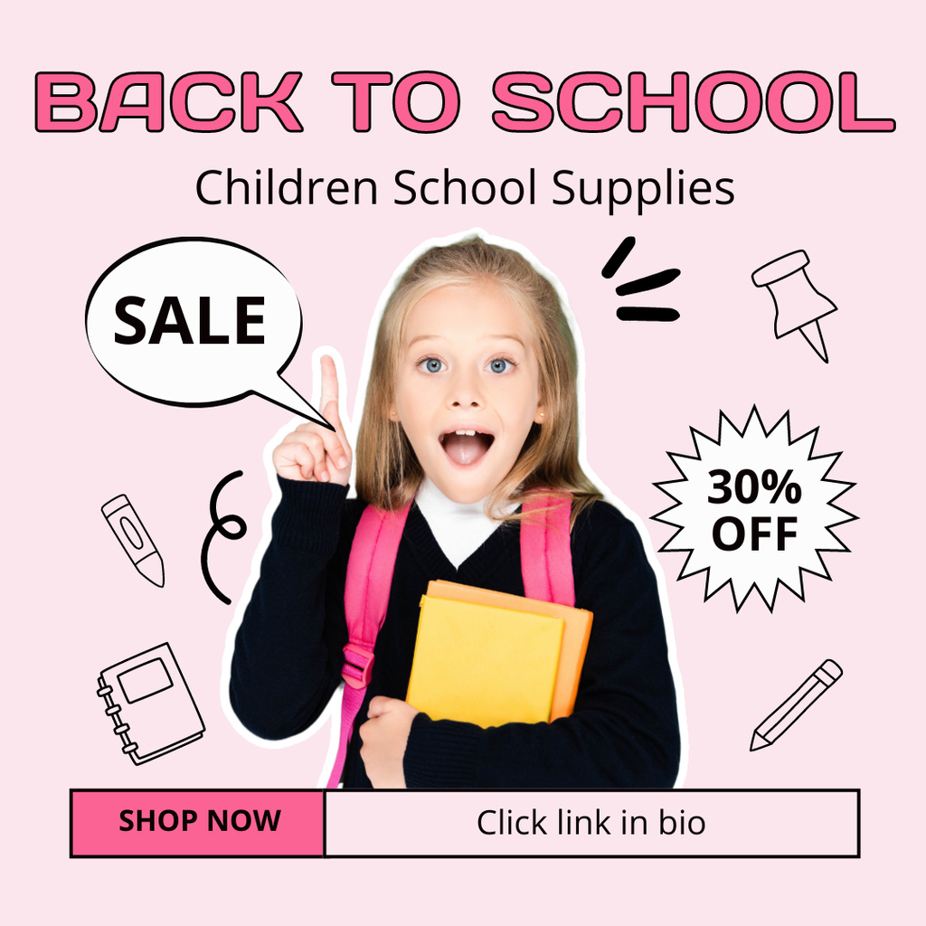 Szablon projektu Discount on Kids School Supplies with Cute School Girl Instagram