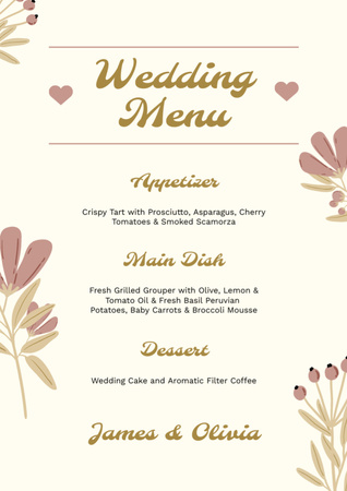 Simple Beige Floral Wedding Course Menu Design Template