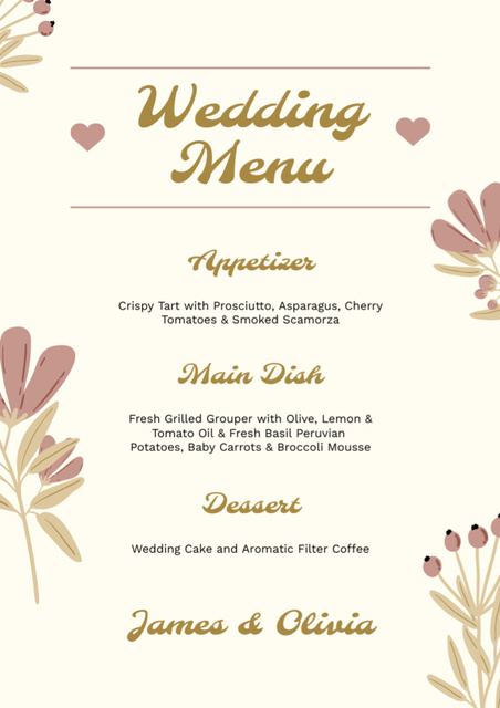 Simple Beige Floral Wedding Course Menu – шаблон для дизайна
