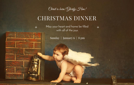 Orthodox Christmas Dinner With Little Angel On Roof Invitation 4.6x7.2in Horizontal Tasarım Şablonu