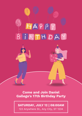 パーティーのイラストと紫の誕生日パーティーのお知らせ Posterデザインテンプレート