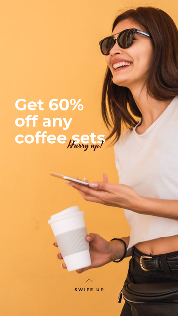 Plantilla de diseño de Coffee Shop promotion with happy Woman Instagram Story 
