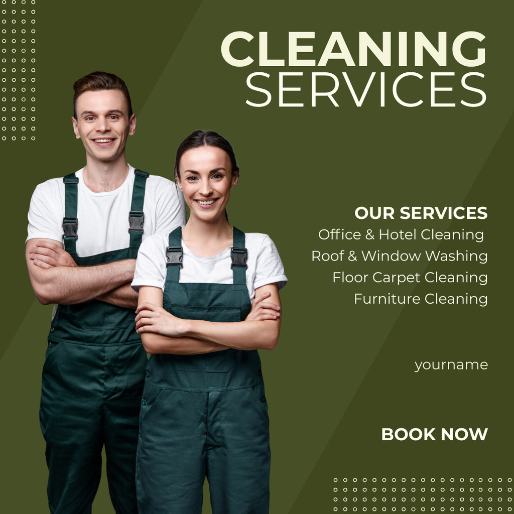 Trusted Cleaning Services with Smiling Workers And Description Instagram AD Design Template