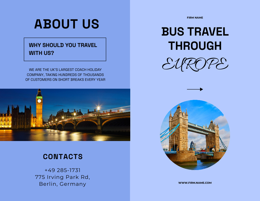 Bus Travel Packages for Europe Ad In Blue Brochure 8.5x11in Bi-fold Design Template