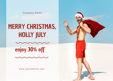 Cheerful Man in Santa Claus Costume Standing on Beach in Sunny Day Postcard – шаблон для дизайна