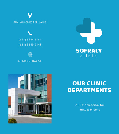 Minimalistic Clinic Departments Promotion In Blue Brochure 9x8in Bi-fold Design Template