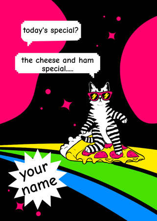 A napszemüveges macska az ízletes pizzát reklámozza Flayer tervezősablon