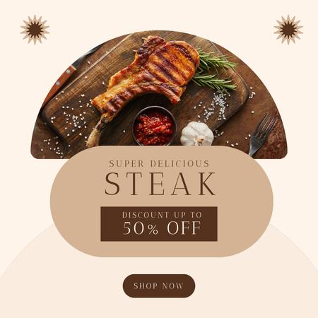 Delicious Steak Sale Offer with Meal on Tray Instagram Design Template