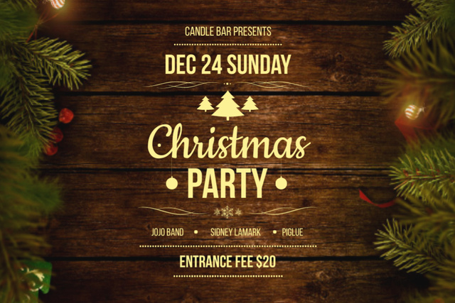 Christmas Party Ad with Fir-Tree Branches and Garland Flyer 4x6in Horizontal Design Template