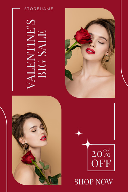 Valentine's Day Discount Offer with Woman on Red Pinterest tervezősablon