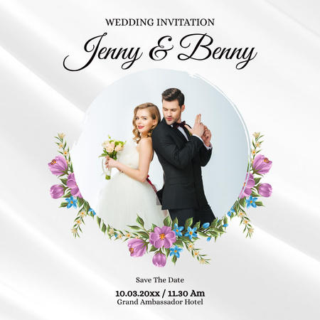 Wedding Invitation with Young Newlyweds Instagram Design Template