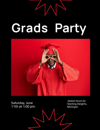 Grads Party Announcement on Black and Red Invitation 13.9x10.7cm Design Template