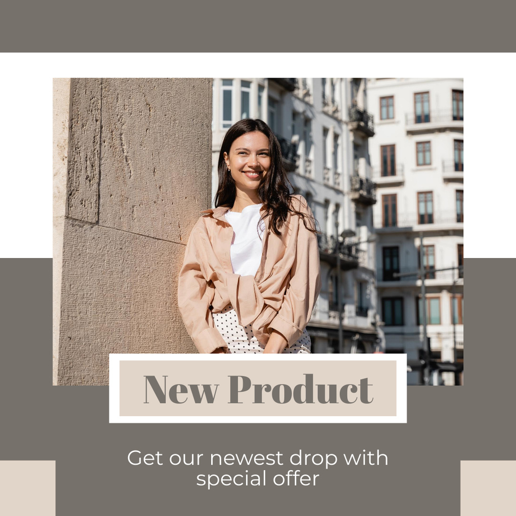 Young Woman Walking in City for New Product Ad Instagram Design Template
