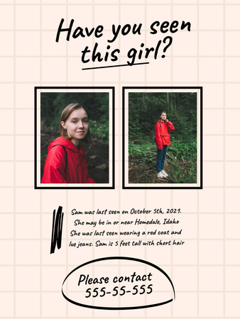Template di design Richiesta di aiuto urgente per ritrovare una ragazza adolescente scomparsa Poster US