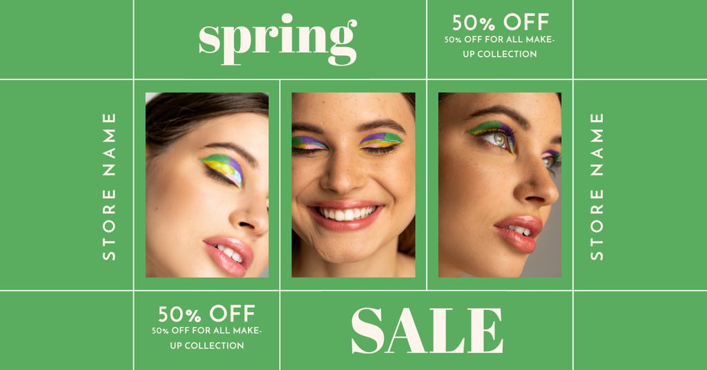 Plantilla de diseño de Spring Sale with Young Woman with Beautiful Makeup Facebook AD 