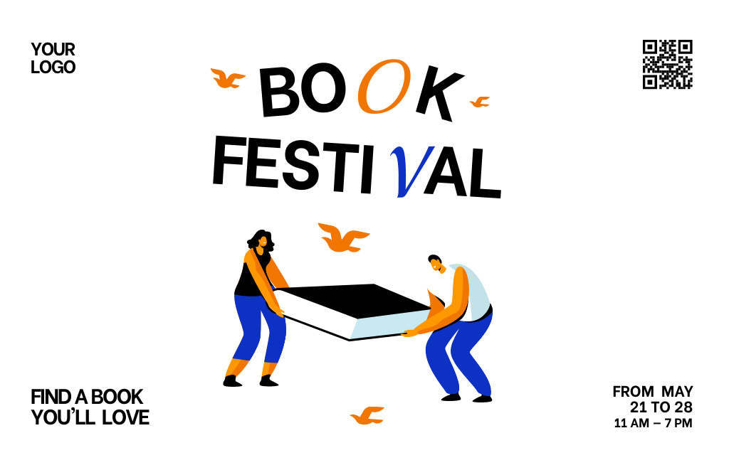 Modèle de visuel Book Festival Announcement With Cartoon Man and Woman - Invitation 4.6x7.2in Horizontal