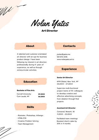 Art Director Skills And Experience Description In White Resume – шаблон для дизайна