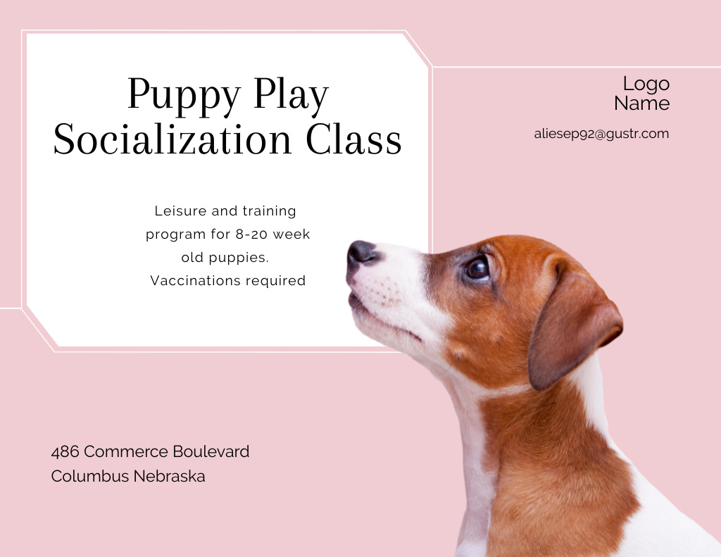 Designvorlage Awesome Puppy Play Socialization Class And Trainings Program with Cute Dog für Flyer 8.5x11in Horizontal