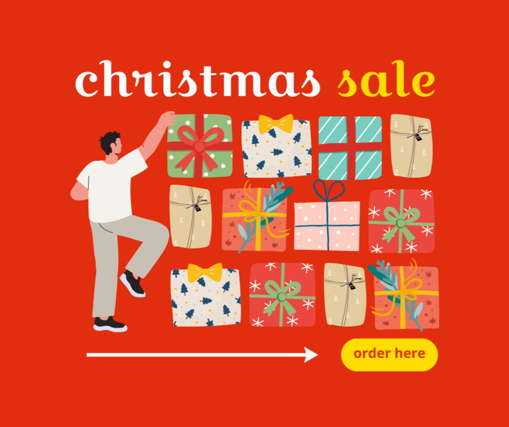 Man with Multi-Colored Gift Boxes on Christmas Sale Facebook tervezősablon