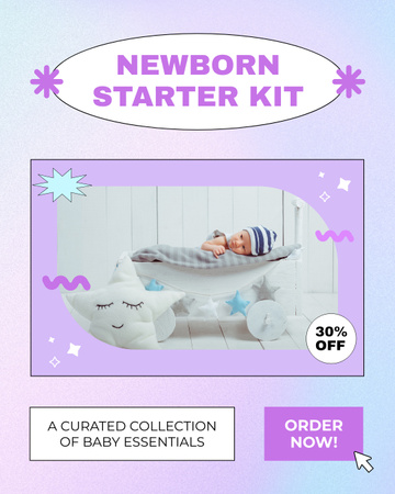 Modèle de visuel Kits de démarrage pour nouveau-né avec un joli bébé dans son berceau - Instagram Post Vertical
