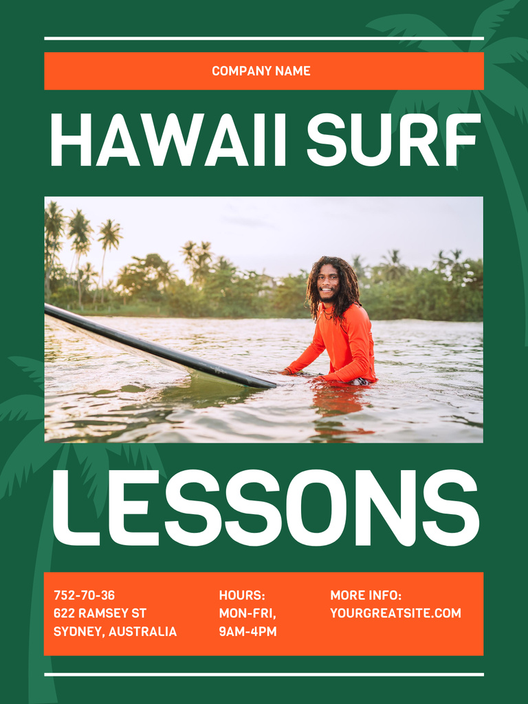 Surfing Lessons Ad with Man on Surfboard Poster US Tasarım Şablonu