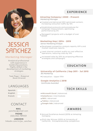 List of Skills and Experience of Marketing Manager Resume Design Template