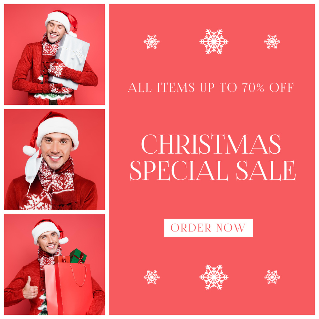 Christmas Sale Offer with Photo Set Of Man in Santa Hat Instagram AD tervezősablon