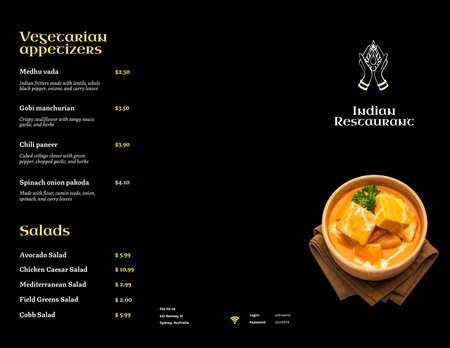Designvorlage Vegetarian Appetizers in Indian Restaurant für Menu 11x8.5in Tri-Fold