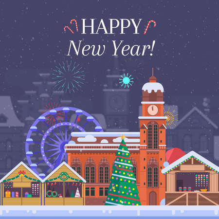 Fireworks over Christmas town Animated Post Design Template