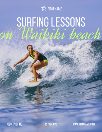 Designvorlage Surfing Lessons Ad with Woman on Wave für Poster 8.5x11in