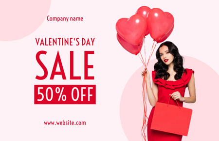 Valentine's Day Sale Announcement with Pretty Brunette in Red Thank You Card 5.5x8.5in – шаблон для дизайна