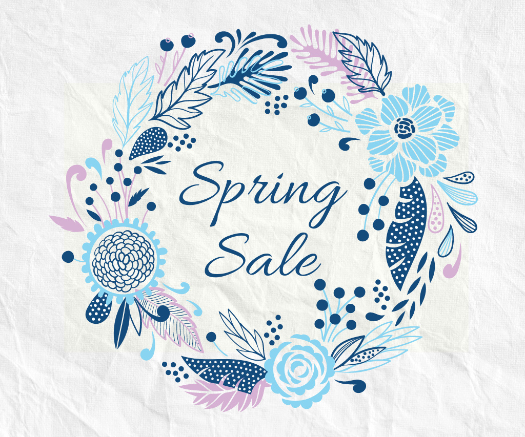 Spring Sale Flowers Wreath in Blue Large Rectangle Design Template