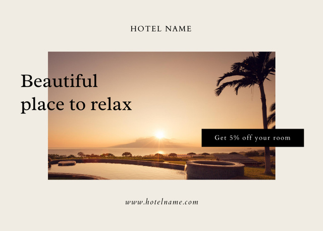 Designvorlage Luxury Hotel Offer With Discount And Sunset on Beach für Postcard 5x7in