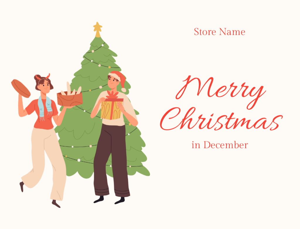 Christmas Greetings with Happy Couple nearby Holiday Tree Postcard 4.2x5.5in Šablona návrhu