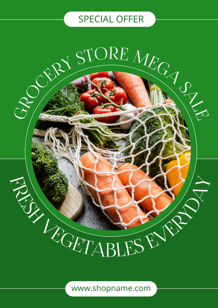Grocery Store Sale Offer With Vegetables In Net Bag Poster Šablona návrhu