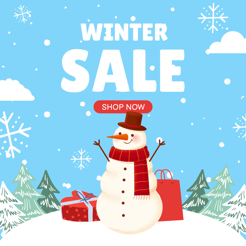 Winter Sale Announcement with Cute Snowman Instagram tervezősablon