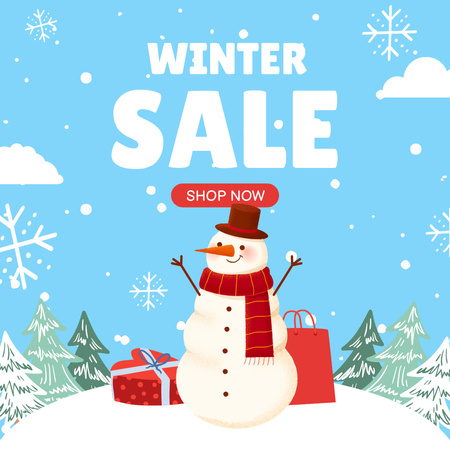 Winter Sale Announcement with Cute Snowman Instagram Design Template