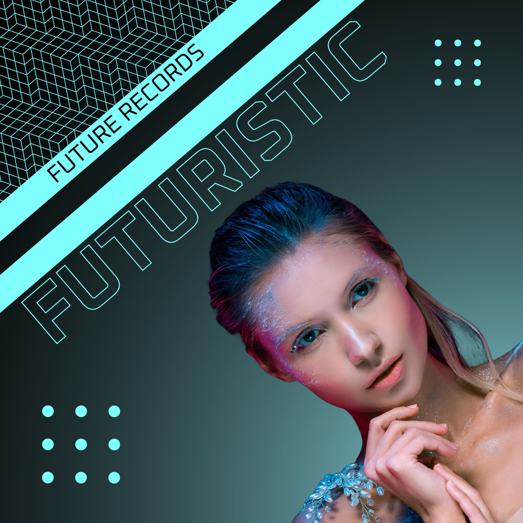 Platilla de diseño angled composition with woman and neon blue elements Album Cover
