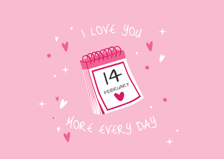 Valentine's Day Greeting with Tear-Off Calendar on Pink and Hearts Card Design Template