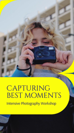 Oficina Intensiva de Fotografia com Câmera em Amarelo TikTok Video Modelo de Design
