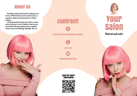 Ontwerpsjabloon van Brochure van Schoonheidssalondiensten met jonge vrouw met roze haar