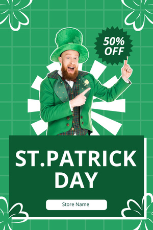 St. Patrick's Day Sale Announcement with Cheerful Man in Hat Pinterest Design Template