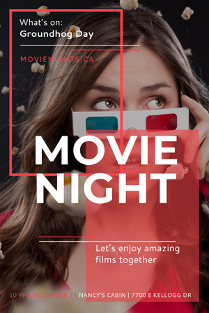 Plantilla de diseño de Evento de noche de cine con mujer con gafas Pinterest 