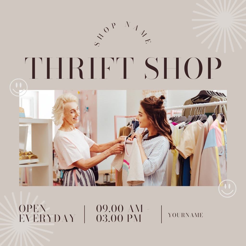 Template di design Women trying on clothes in thrift shop Instagram AD
