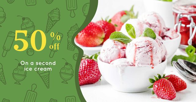 Ice Cream Discount Offer with Strawberry Facebook AD Tasarım Şablonu