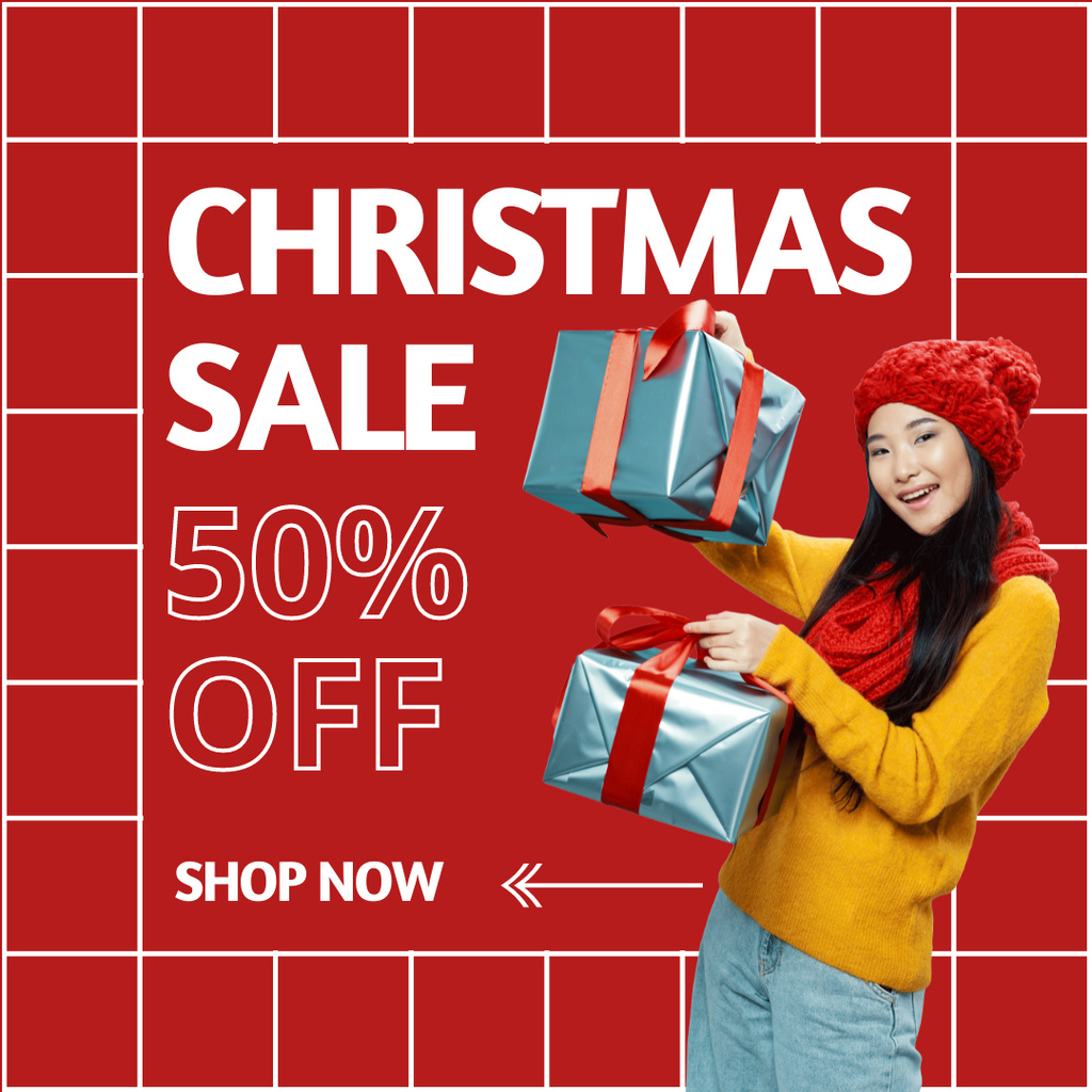 Platilla de diseño Asian Woman with Presents for Christmas Sale Red Instagram AD