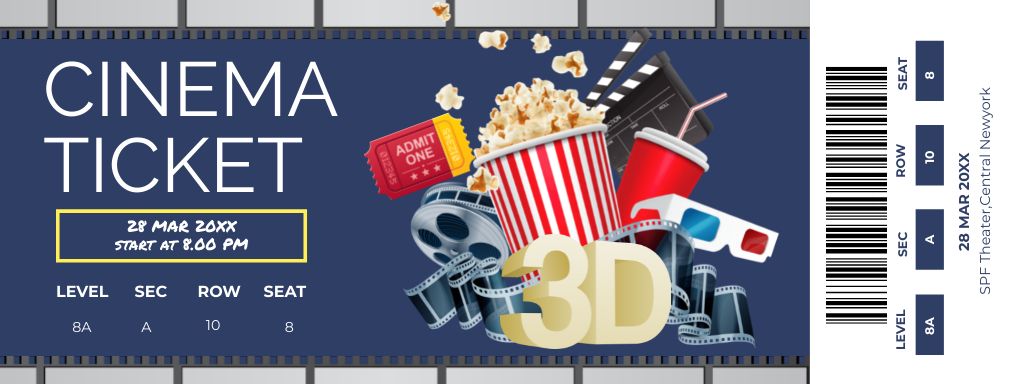 Ontwerpsjabloon van Ticket van Invitation to Cinema on 3D Film