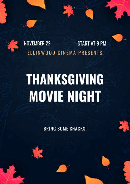 Thanksgiving Movie Night on Orange Autumn Leaves Flyer A4 Design Template