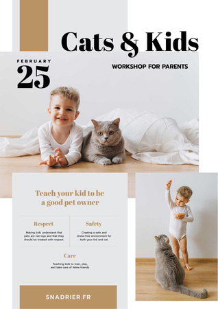 Workshop Announcement with Child Playing with Cat Poster A3 Design Template