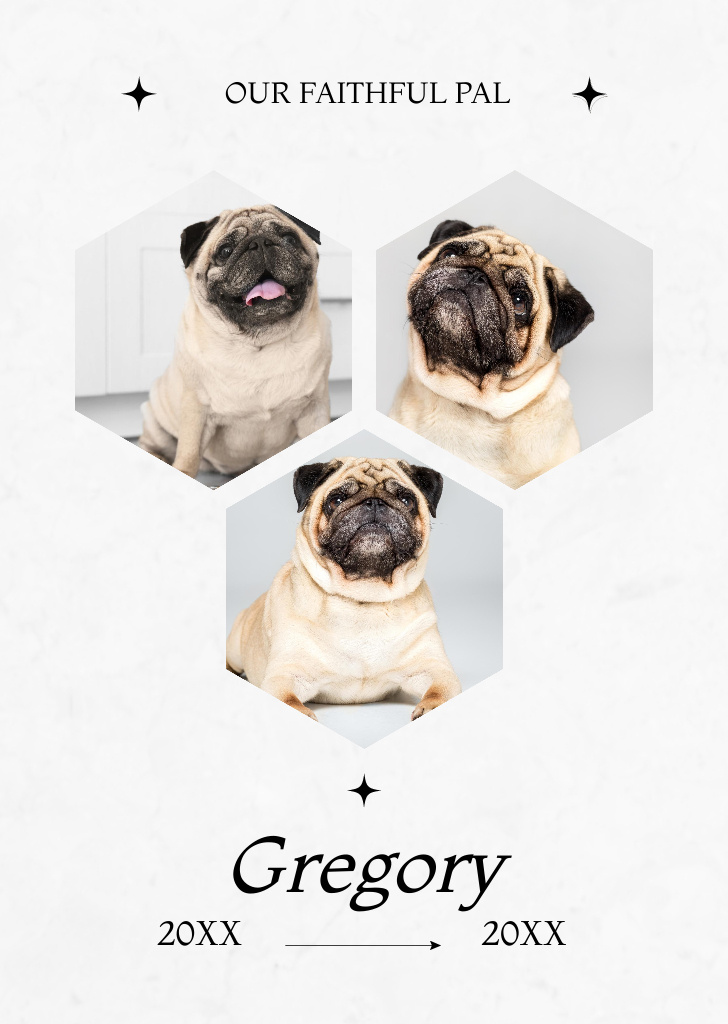 Dog's Funeral Memorial with Collage of Pug Postcard A6 Vertical Design Template
